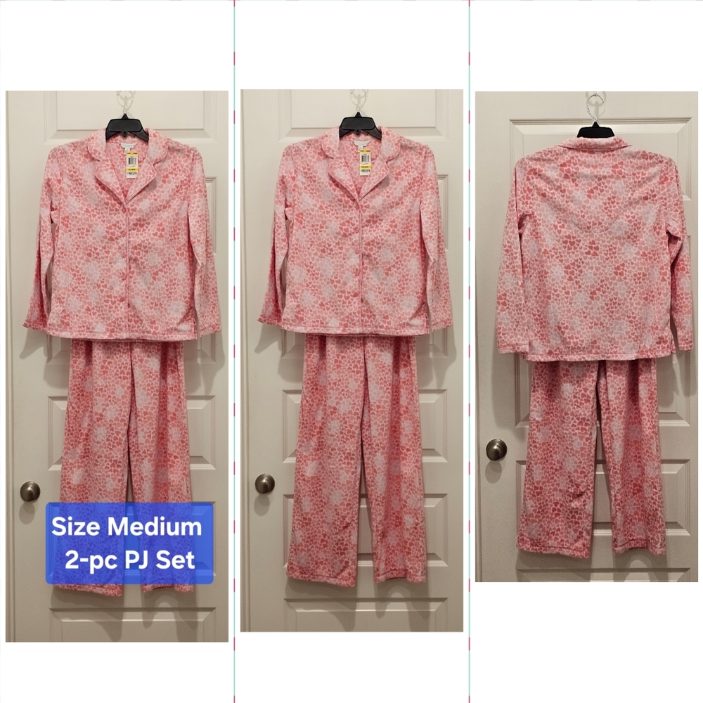 Charter Club Animal Pink Fleece Animal Hearts  PJ Set, NWT, Size Medium